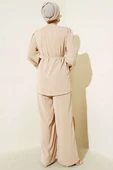 Brit Düğmeli İp Kuşaklı Tunik İkili Takım Bej thumbnail 3
