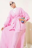 Tek Düğmeli Kuşaklı Oversize İkili Takım Pembe thumbnail 2
