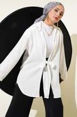 Önü Bağlama Detaylı Keten Kimono Beyaz thumbnail 1