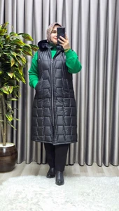 Kadın Tesettür Büyük Beden Kapüşonlu Fermuarlı Kürklü Piramit Desen Şişme Kapitone Yelek thumbnail 8