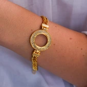 Altın Kaplama İmitasyon 2 Sıra Zirkon Taşlı Zincirli Çeyrek Çerçeve Bileklik BLK-1163 thumbnail 2