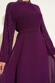 Şifon Kolları Taşlı Abiye Elbise Mor thumbnail 4
