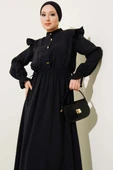 Omuz Büzgülü Yarım Düğmeli Elbise Siyah thumbnail 2