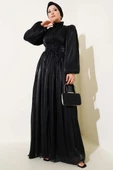 Şifon İp Bağlamalı Piliseli Abiye Elbise Siyah thumbnail 2