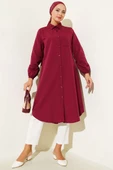 Gömlek Yaka Tek Cepli Uzun Gömlek Bordo thumbnail 2