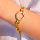 Altın Kaplama İmitasyon  Zirkon Taşlı Zincirli Çeyrek Çerçeve Bileklik BLK-1166 thumbnail 2