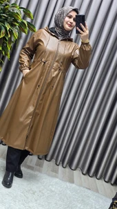 Kadın Büyük Beden Kapşonlu Fermuarlı Suni Deri Tesettür Kap Su Geçirmez Dış Giyim thumbnail 4