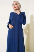 Taşlı Dikişli Omuz Vatkalı Büyük Beden Ferace Indıgo thumbnail 2