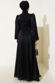 Şifon İp Bağlamalı Piliseli Abiye Elbise Siyah thumbnail 3