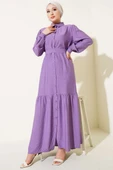 Boydan Düğmeli Volanlı Elbise Lila thumbnail 1