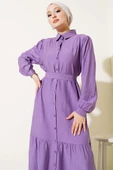 Boydan Düğmeli Volanlı Elbise Lila thumbnail 2