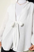 Önü Bağlama Detaylı Keten Kimono Beyaz thumbnail 4