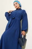 Yarım Fermuarlı Balon Kol Terikoton Elbise Lacivert thumbnail 2