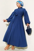 Yarım Fermuarlı Balon Kol Terikoton Elbise Lacivert thumbnail 1