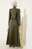 Omuz Taşlı Saten Abiye Elbise Haki thumbnail 3