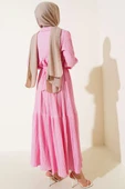 Yarım Düğmeli Gofre Elbise Pembe thumbnail 3