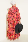 Hakim Yaka Floral Desenli Elbise Alizarin thumbnail 3