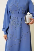 Çiçek Taş Süslemeli Abiye Elbise Indıgo thumbnail 4