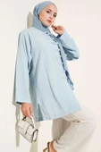 Önü Düğme Detaylı Keten Tunik Mavi thumbnail 1