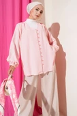 V Yaka Önü Brit Düğmeli Gömlek Pudra thumbnail 1