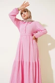 Yarım Düğmeli Gofre Elbise Pembe thumbnail 2