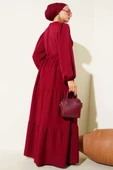 Yarım Düğmeli Belden Tünelli Elbise Bordo thumbnail 3