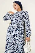 Hakim Yaka Bel Tünelli Desenli Elbise Lacivert thumbnail 2
