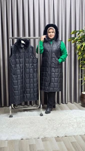 Kadın Tesettür Büyük Beden Kapüşonlu Fermuarlı Kürklü Piramit Desen Şişme Kapitone Yelek thumbnail 3