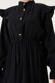 Omuz Büzgülü Yarım Düğmeli Elbise Siyah thumbnail 4