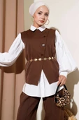 Çapraz Düğmeli Kemerli Yelekli İkili Takım Kahve thumbnail 2