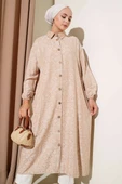 Desenli Tahta Düğmeli Uzun Gömlek Bej thumbnail 1