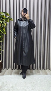 Kadın Büyük Beden Kapşonlu Fermuarlı Suni Deri Tesettür Kap Su Geçirmez Dış Giyim thumbnail 6