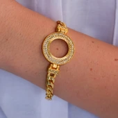 Altın Kaplama İmitasyon 2 Sıra Zirkon Taşlı Desenli Figaro Çeyrek Çerçeve Bileklik BLK-1169 thumbnail 2