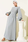 Taş Şerit Geçişli Kuşaklı Abiye Elbise Gri thumbnail 2