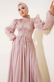 Şifon İp Bağlamalı Piliseli Abiye Elbise Pudra thumbnail 2
