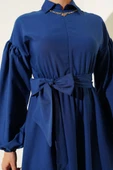 Yarım Fermuarlı Balon Kol Terikoton Elbise Lacivert thumbnail 4