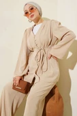 Brit Düğmeli İp Kuşaklı Tunik İkili Takım Bej thumbnail 2