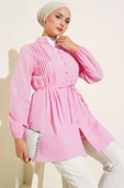 Önü Pileli Terikoton Gömlek Pembe thumbnail 1
