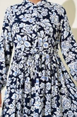 Hakim Yaka Bel Tünelli Desenli Elbise Lacivert thumbnail 4