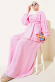 Tek Düğmeli Kuşaklı Oversize İkili Takım Pembe thumbnail 1
