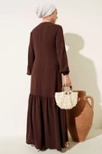 Taşlı Kuş Gözü Detaylı Bağlamalı Elbise Kahve thumbnail 3