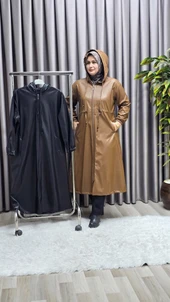 Kadın Büyük Beden Kapşonlu Fermuarlı Suni Deri Tesettür Kap Su Geçirmez Dış Giyim thumbnail 2