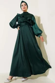 Önü Fırfır Detaylı Saten Abiye Elbise Zümrüt thumbnail 2