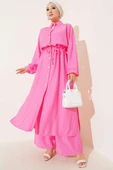 Bel Tünelli Yan Yırtmaçlı Uzun Tunik İkili Takım Pembe thumbnail 1