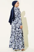 Hakim Yaka Bel Tünelli Desenli Elbise Lacivert thumbnail 3