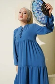 Yaka İp Bağcık Detaylı Kat Elbise Indıgo thumbnail 2