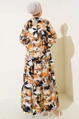 Yarım Düğmeli Karmaşık Desenli Elbise Camel thumbnail 3