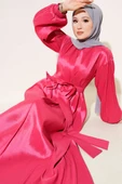 Kurdele Kuşaklı Abiye Elbise Fuşya thumbnail 1