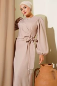 Püskül Taşlı Yan Bağlamalı Abiye Elbise Bej thumbnail 2