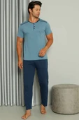 Şerit Detaylı Kısa Kol Erkek Pijama Takımı Mavi thumbnail 2